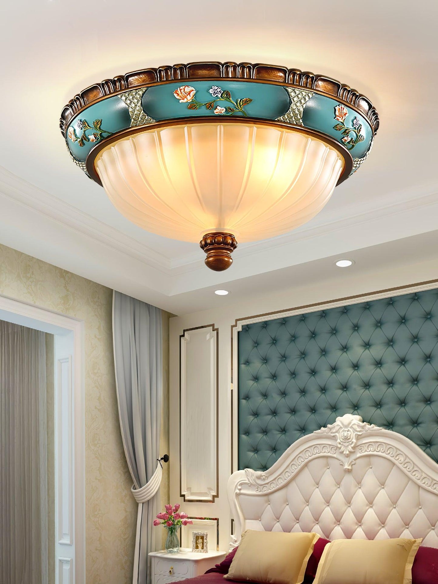 Retro Floral Ceiling Light | Blue Resin & White Glass | 38cm or 48cm