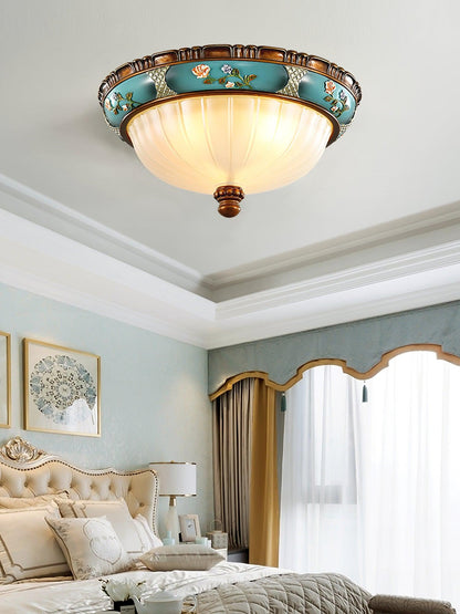 Retro Floral Ceiling Light | Blue Resin & White Glass | 38cm or 48cm