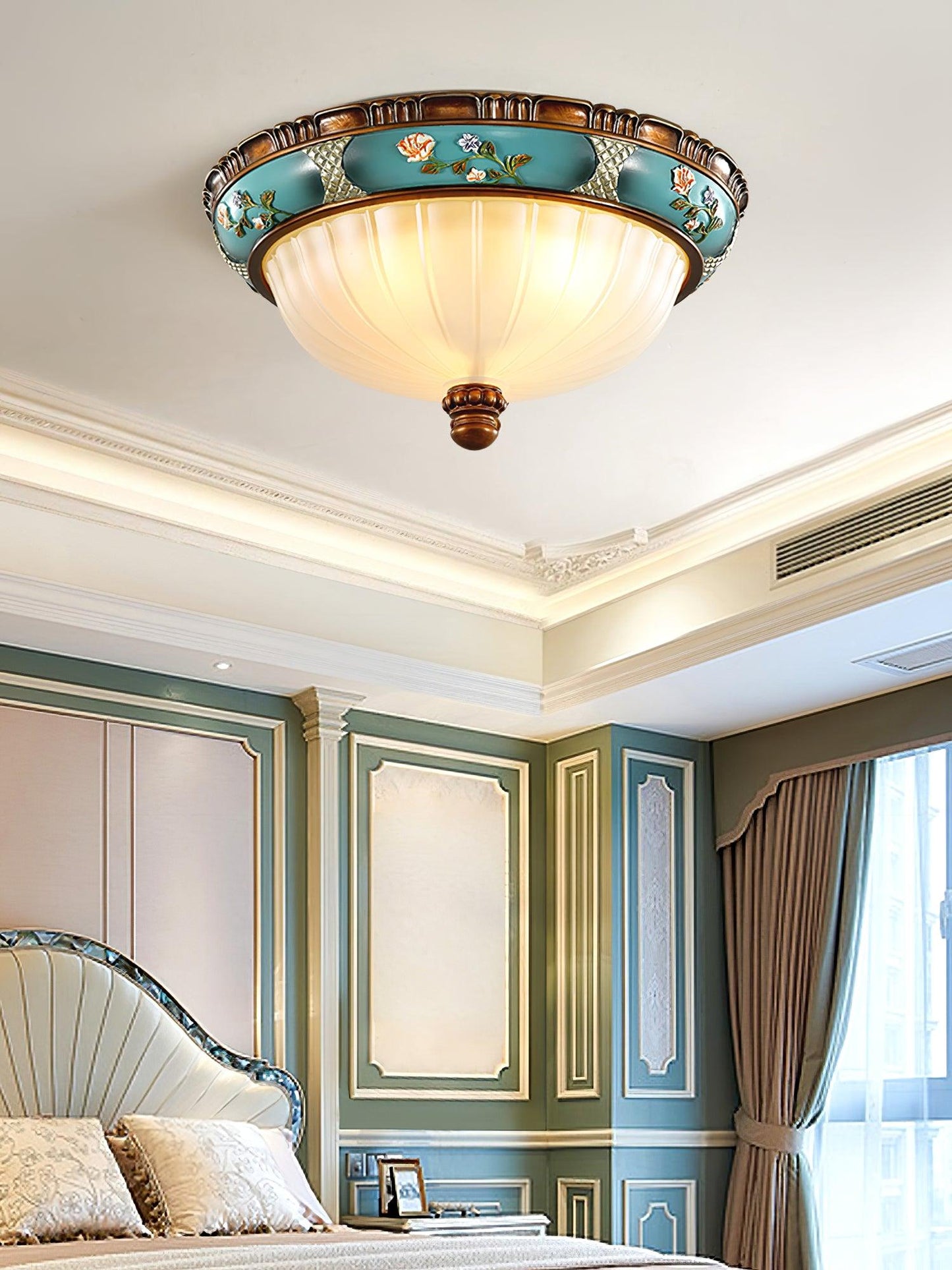 Retro Floral Ceiling Light | Blue Resin & White Glass | 38cm or 48cm