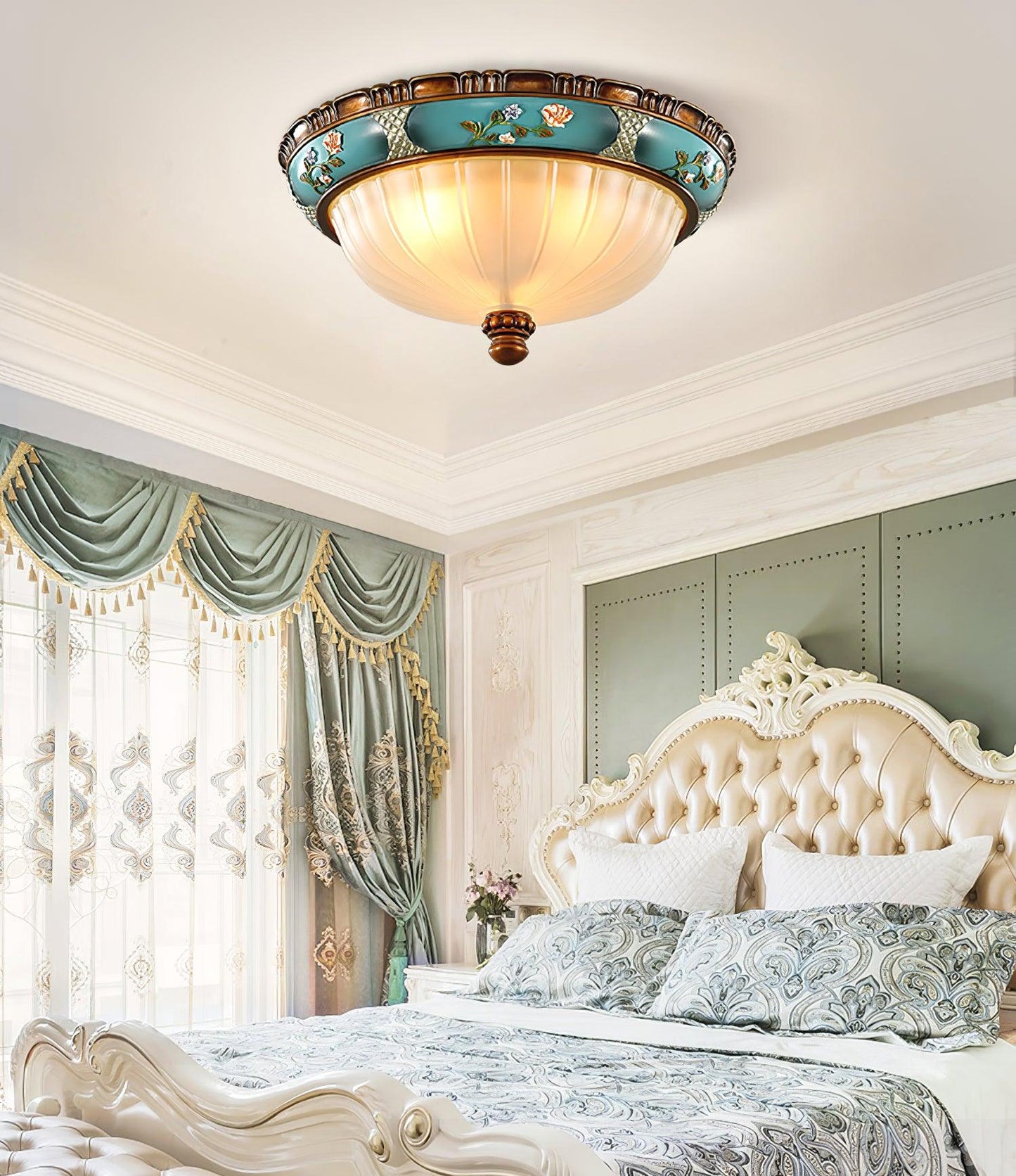 Retro Floral Ceiling Light | Blue Resin & White Glass | 38cm or 48cm