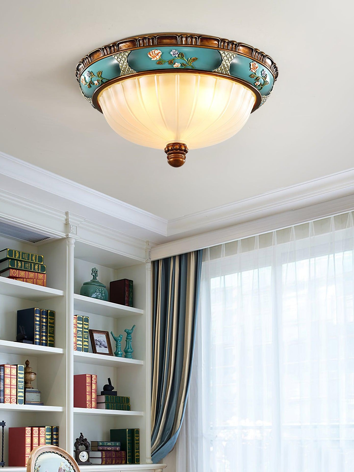 Retro Floral Ceiling Light | Blue Resin & White Glass | 38cm or 48cm