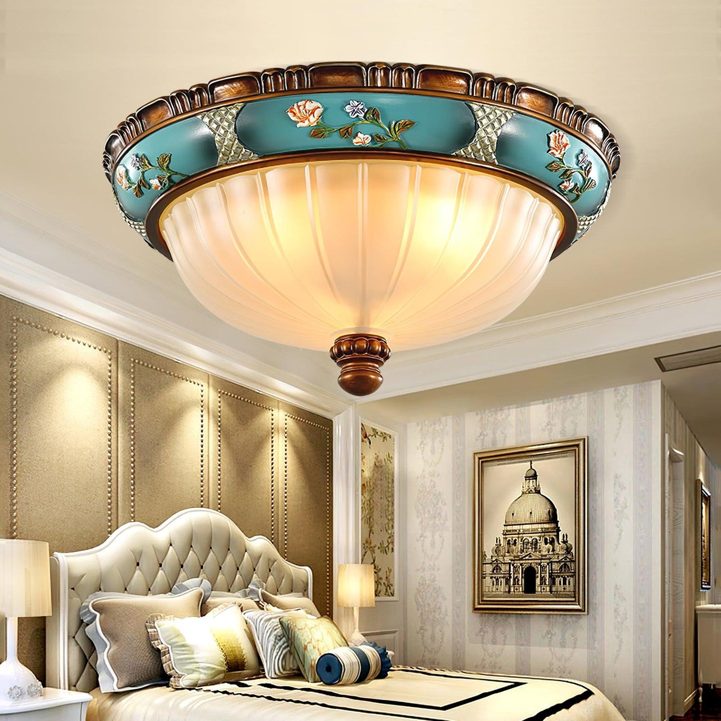 Retro Floral Ceiling Light | Blue Resin & White Glass | 38cm or 48cm