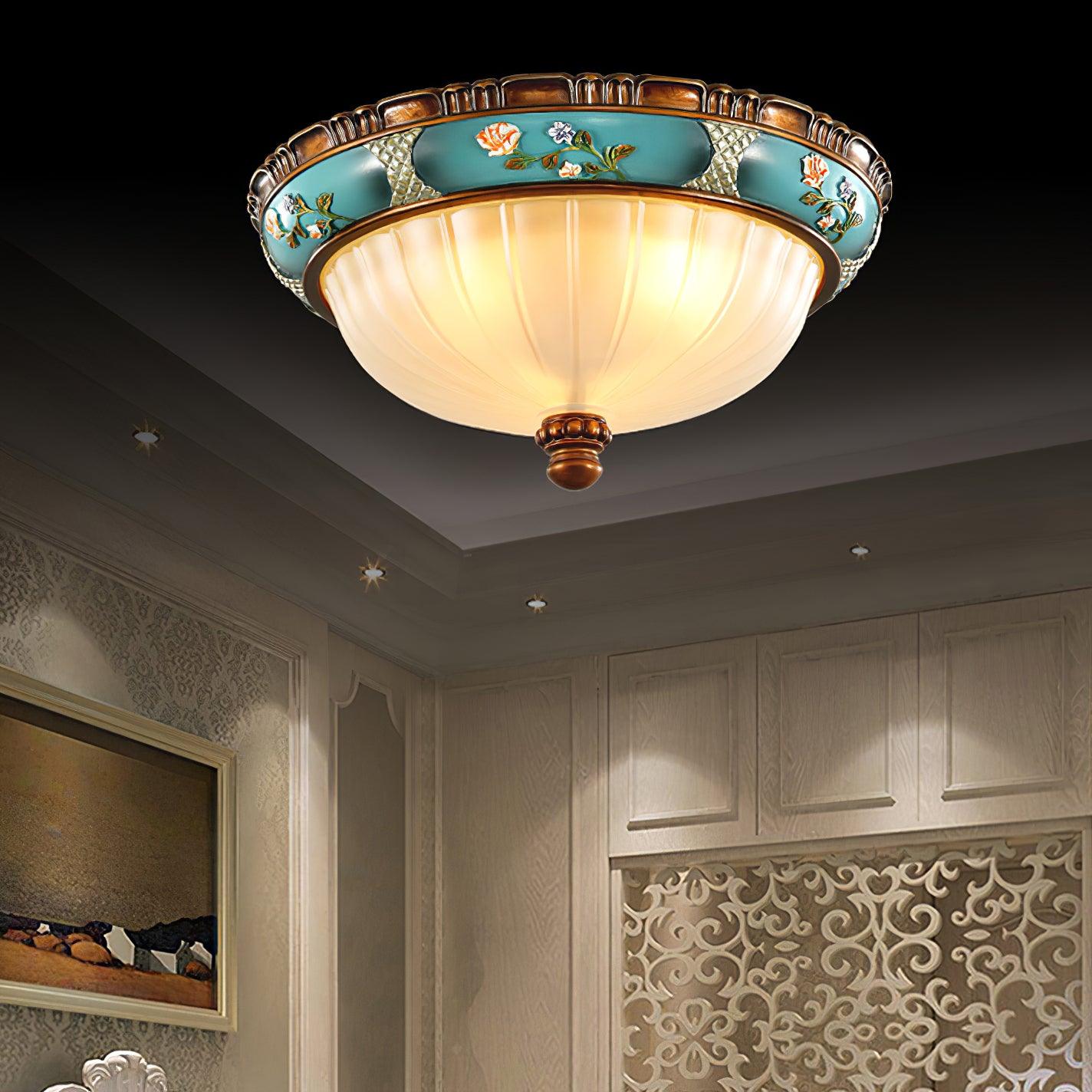 Retro Floral Ceiling Light | Blue Resin & White Glass | 38cm or 48cm