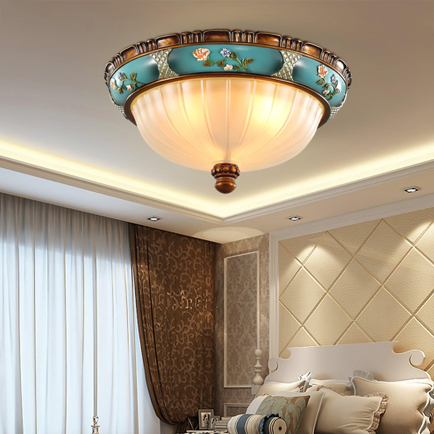 Retro Floral Ceiling Light | Blue Resin & White Glass | 38cm or 48cm