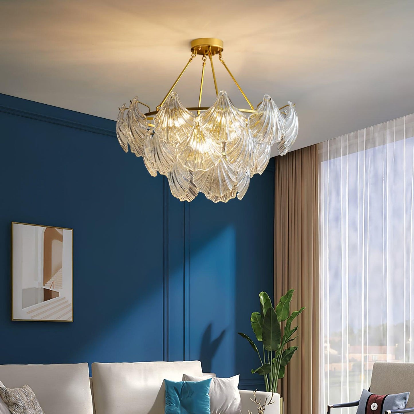 Ribbed Shell Ceiling Light | Glass & Brass | 60cm or 80cm Diameter