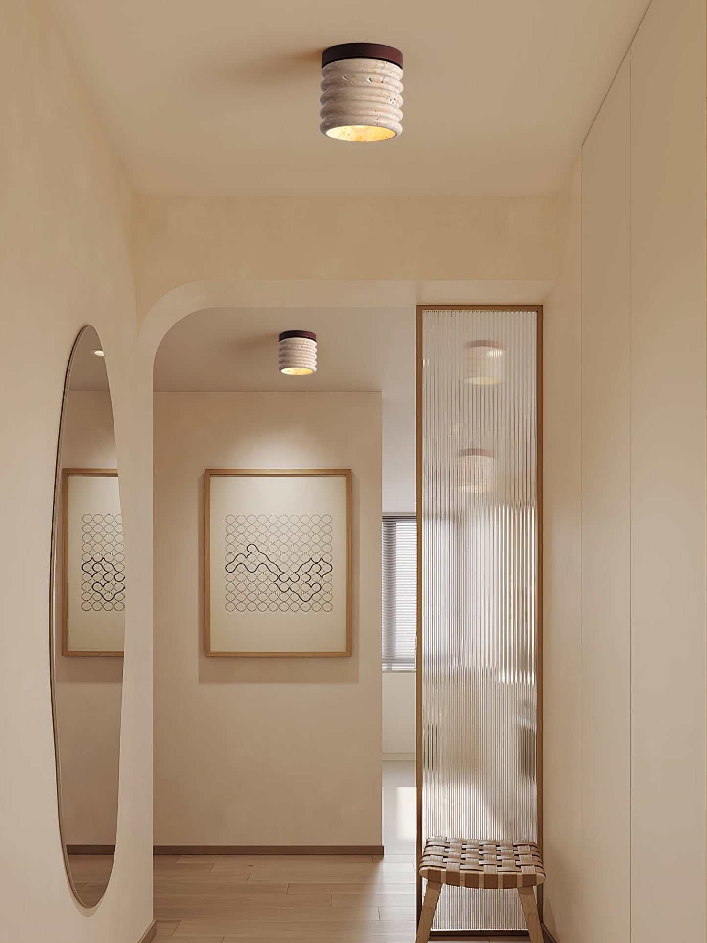 Ridge Artisan Ceiling Lamp | Yellow Travertine & Walnut Finish | 12cm Diameter