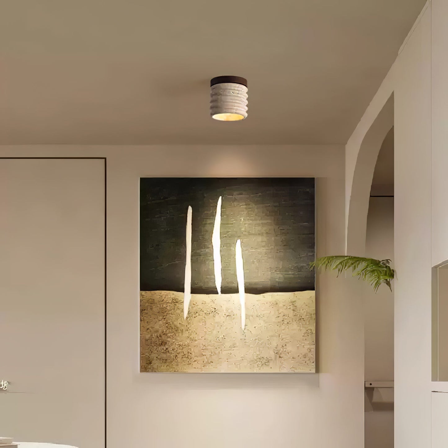 Ridge Artisan Ceiling Lamp | Yellow Travertine & Walnut Finish | 12cm Diameter
