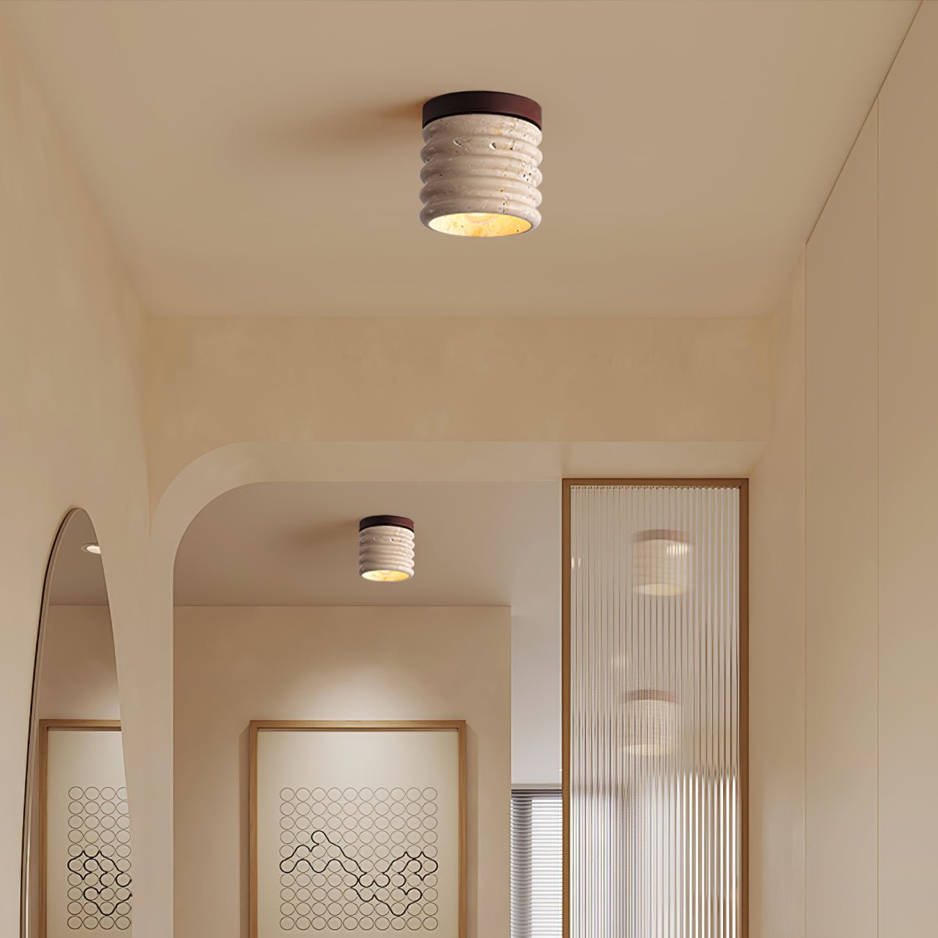 Ridge Artisan Ceiling Lamp | Yellow Travertine & Walnut Finish | 12cm Diameter