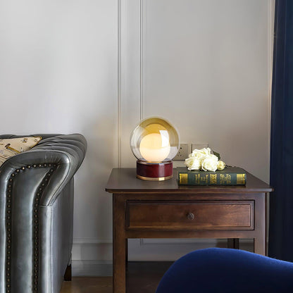Rigel Table Lamp | Metal & Wood | Wine Red & Amber Shade
