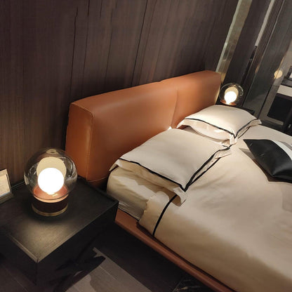 Rigel Table Lamp | Metal & Wood | Wine Red & Amber Shade