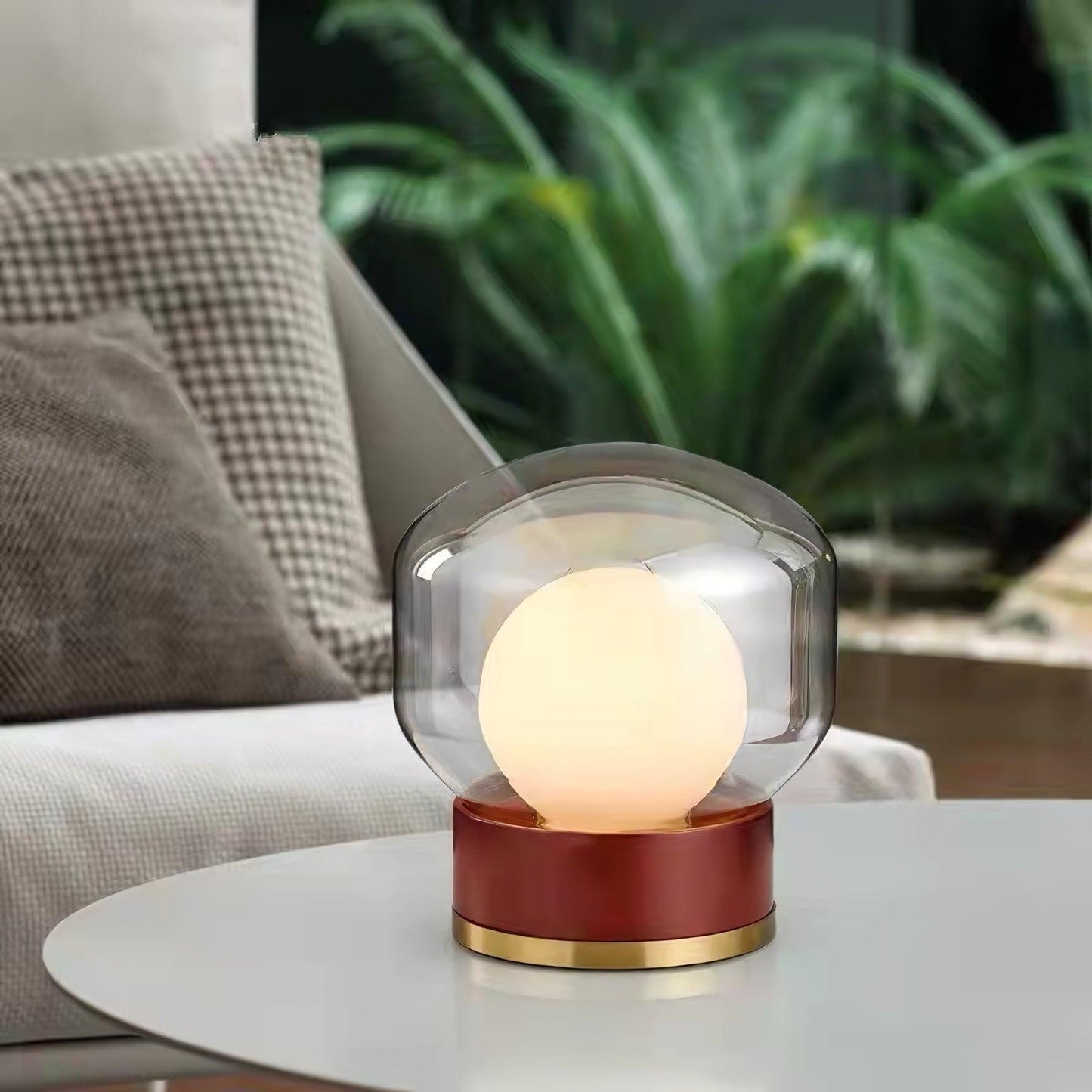 Rigel Table Lamp | Metal & Wood | Wine Red & Amber Shade