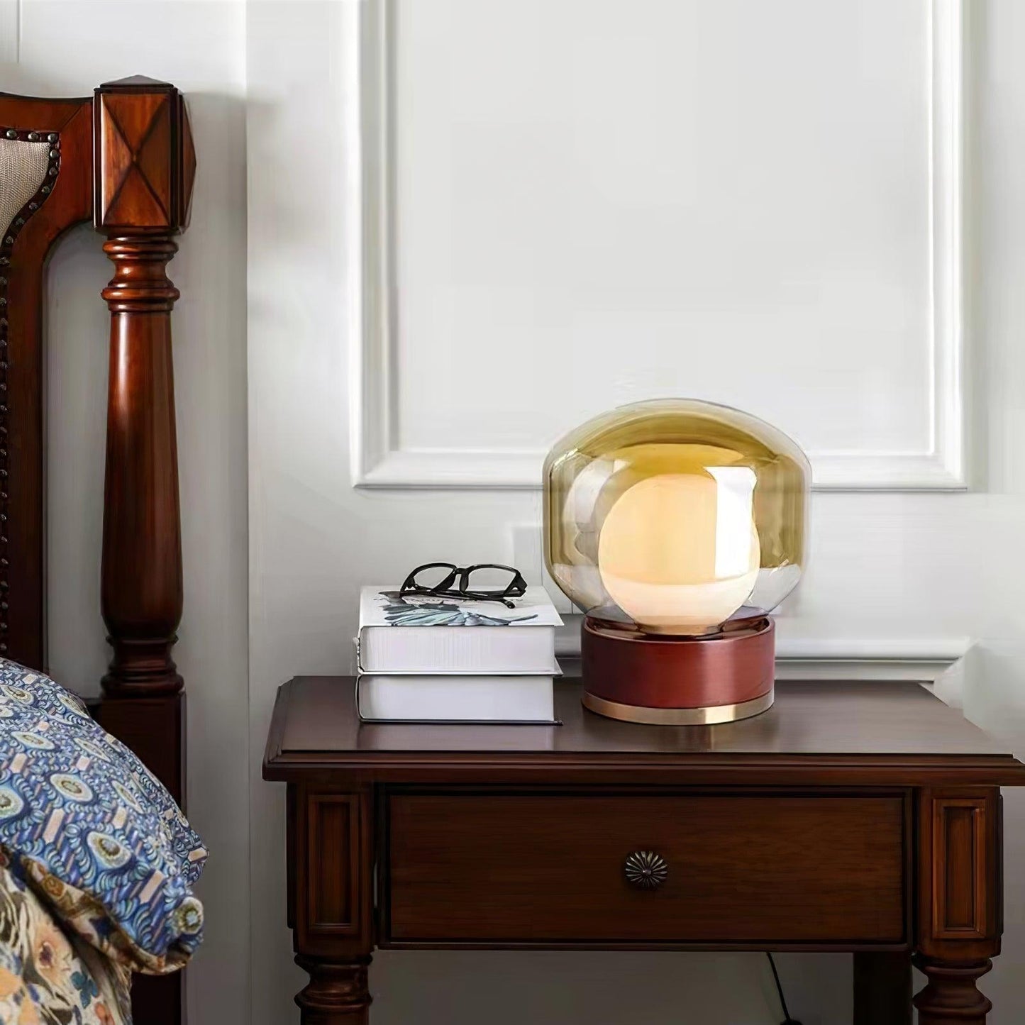 Rigel Table Lamp | Metal & Wood | Wine Red & Amber Shade
