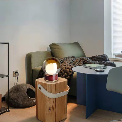 Rigel Table Lamp | Metal & Wood | Wine Red & Amber Shade