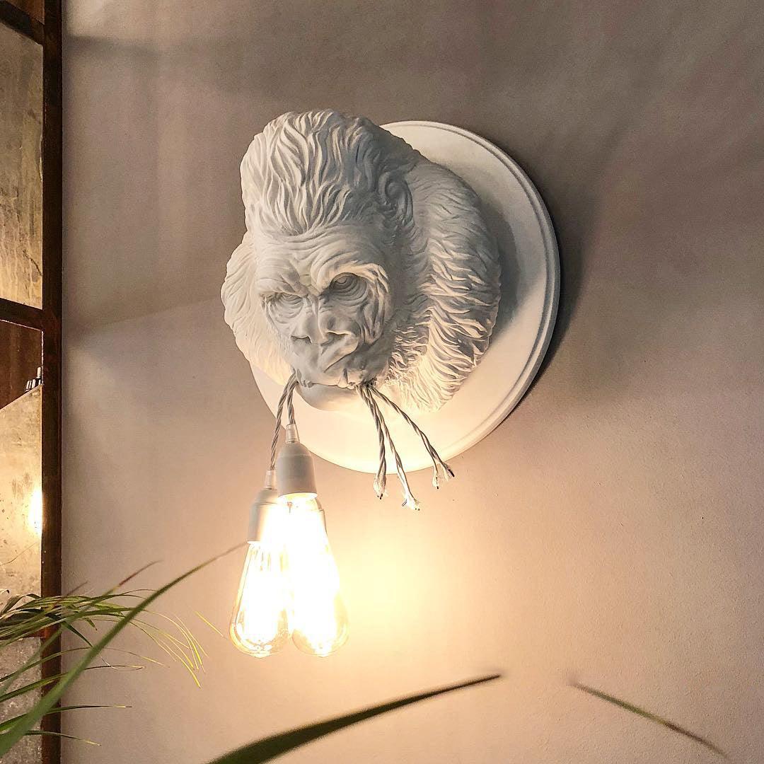 Gorilla Head Wall Sconce | Hyperrealistic Resin | Matte Grey or White