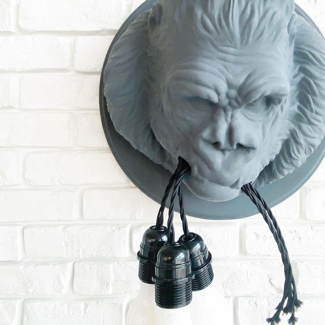 Gorilla Head Wall Sconce | Hyperrealistic Resin | Matte Grey or White