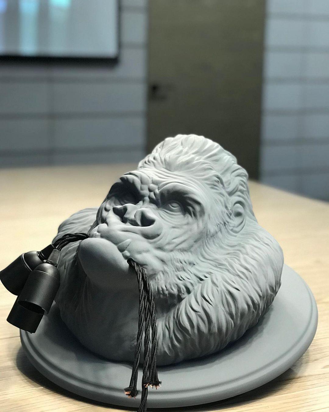 Gorilla Head Wall Sconce | Hyperrealistic Resin | Matte Grey or White