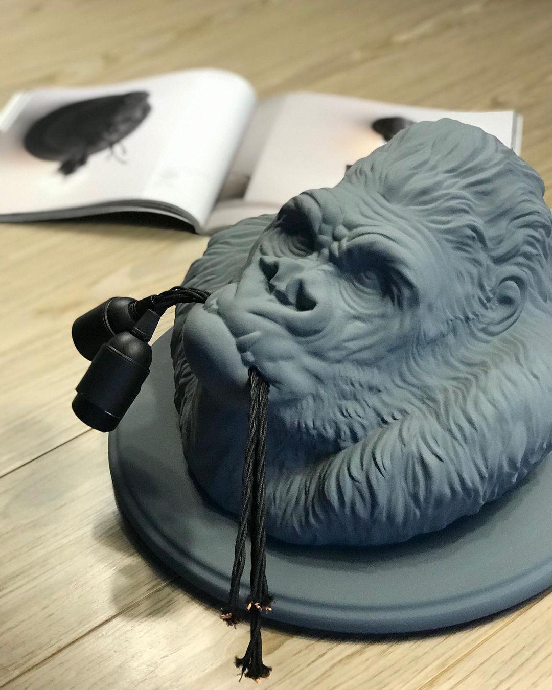 Gorilla Head Wall Sconce | Hyperrealistic Resin | Matte Grey or White