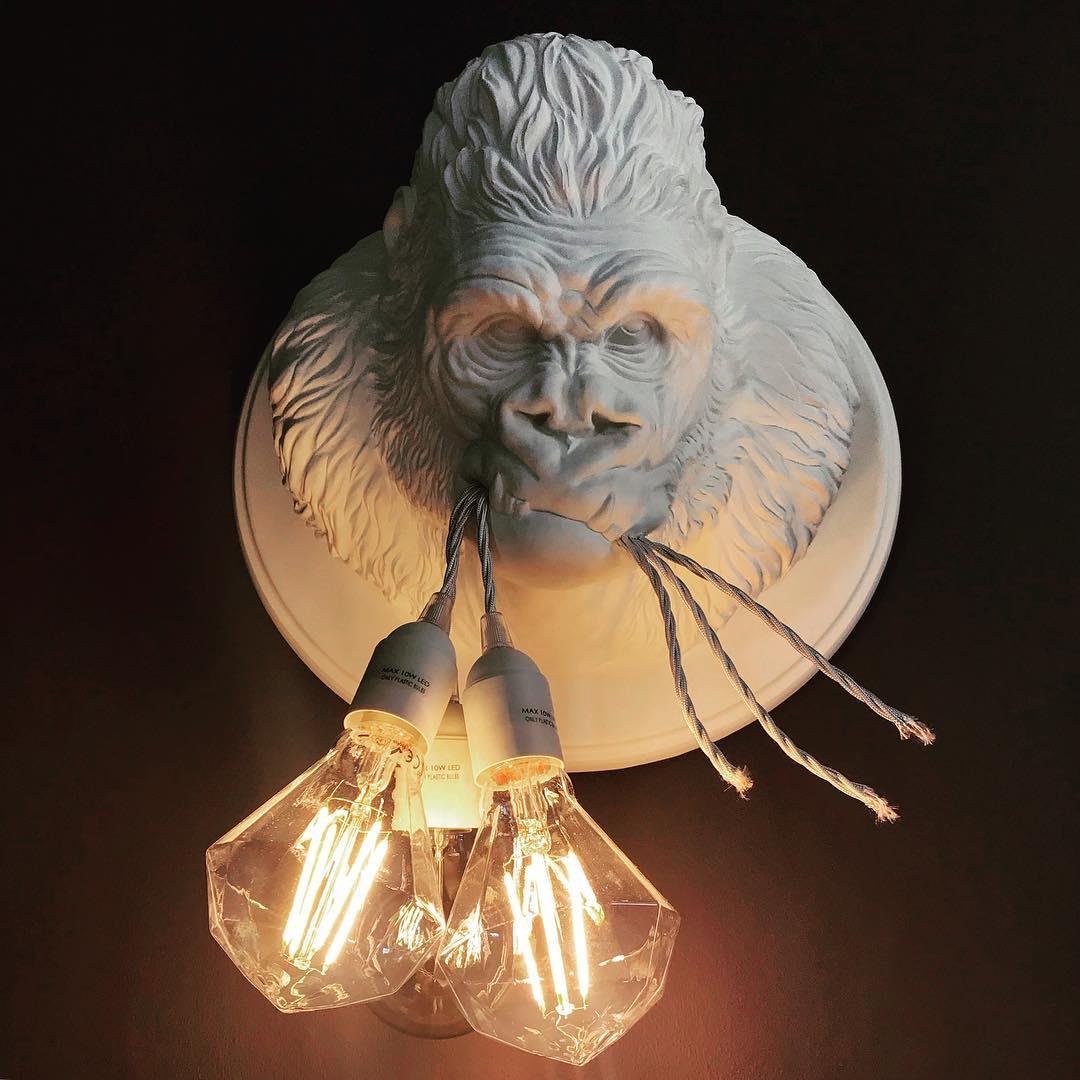 Gorilla Head Wall Sconce | Hyperrealistic Resin | Matte Grey or White