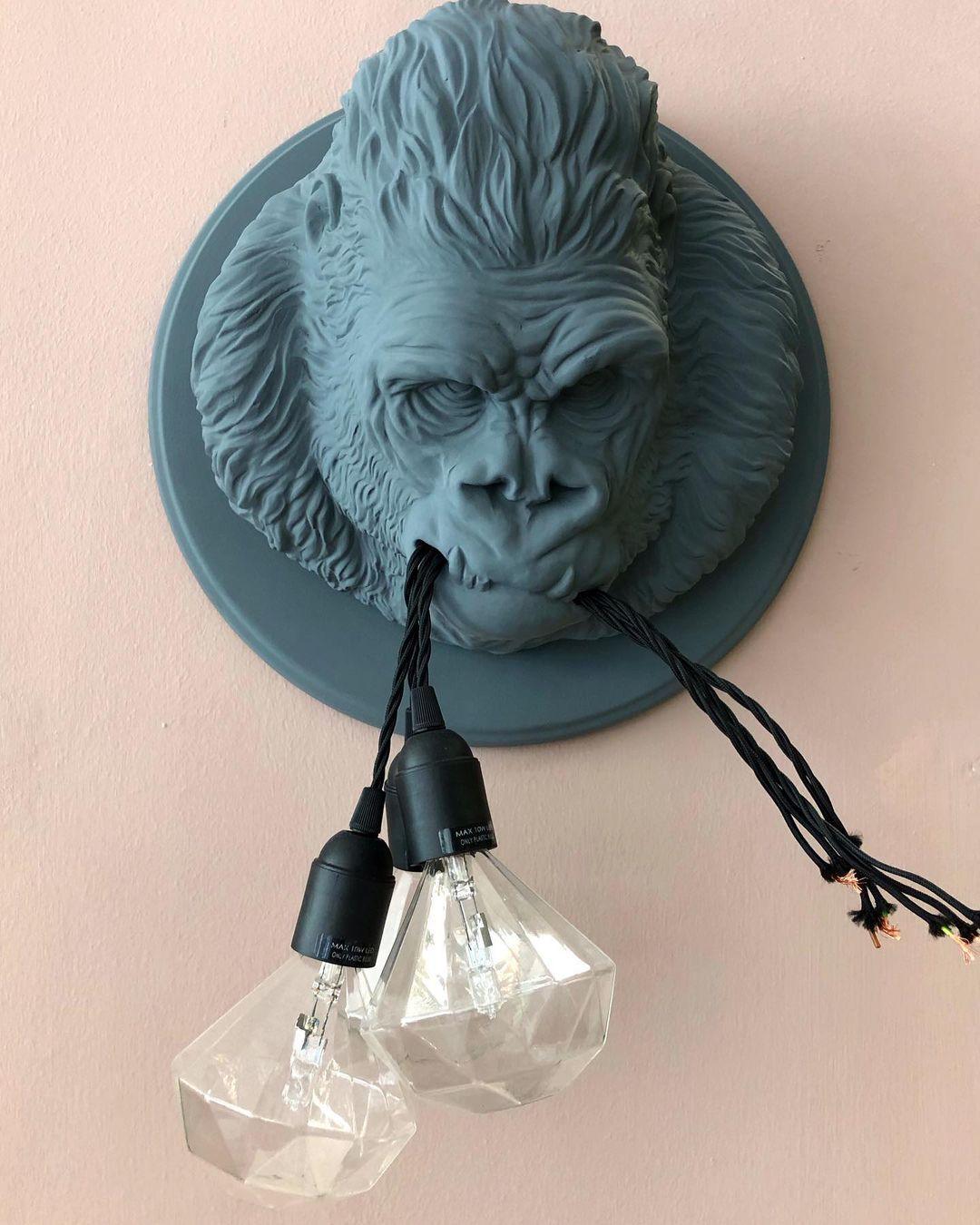 Gorilla Head Wall Sconce | Hyperrealistic Resin | Matte Grey or White