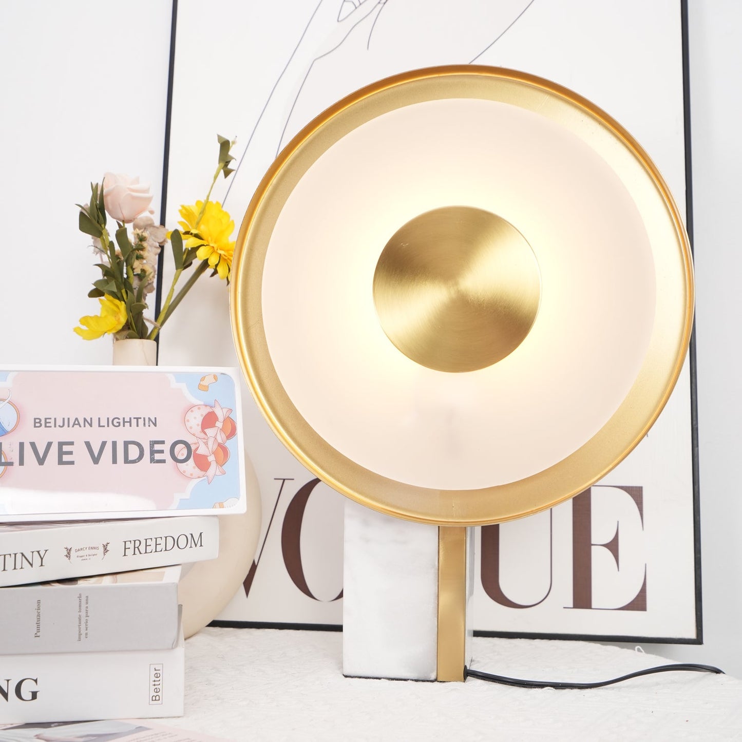 Roche Bobois Table Lamp | White Marble & Gold Finish | 33cm Diameter