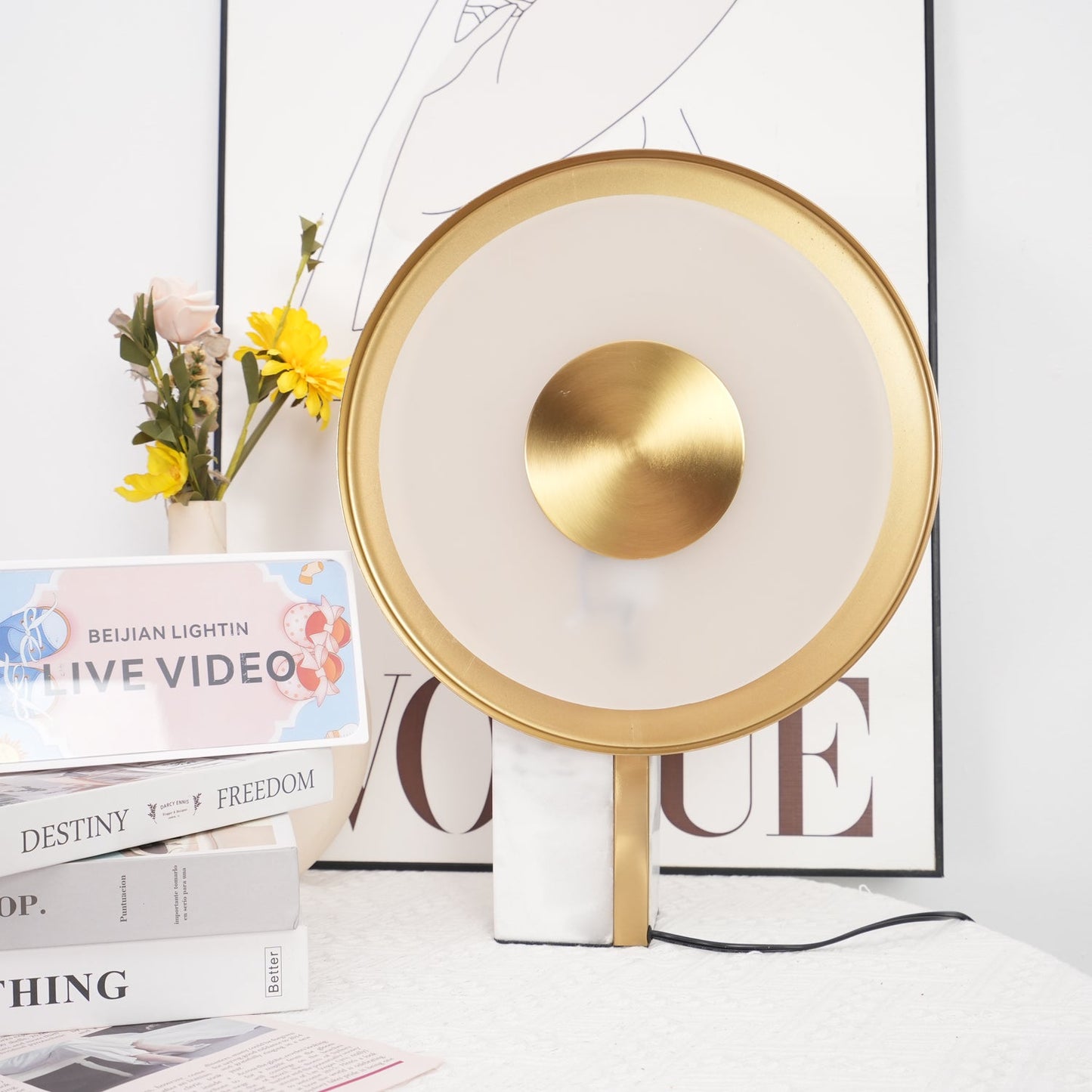 Roche Bobois Table Lamp | White Marble & Gold Finish | 33cm Diameter