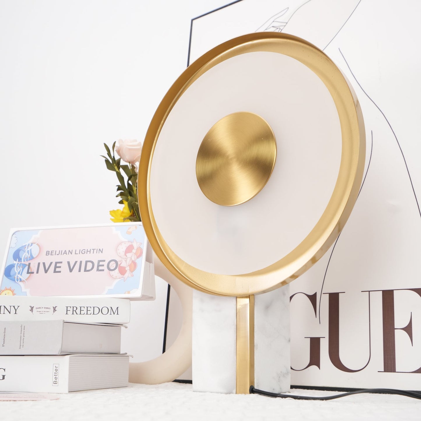Roche Bobois Table Lamp | White Marble & Gold Finish | 33cm Diameter