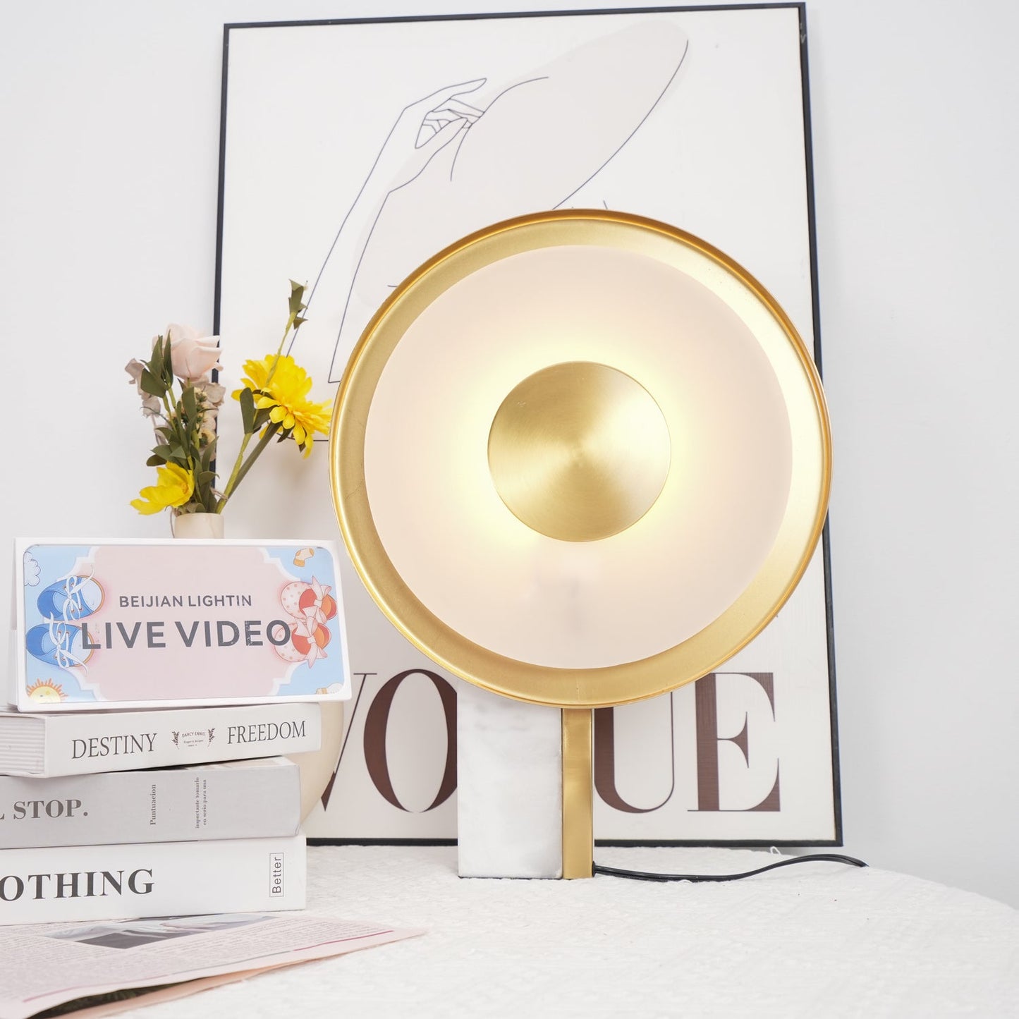 Roche Bobois Table Lamp | White Marble & Gold Finish | 33cm Diameter
