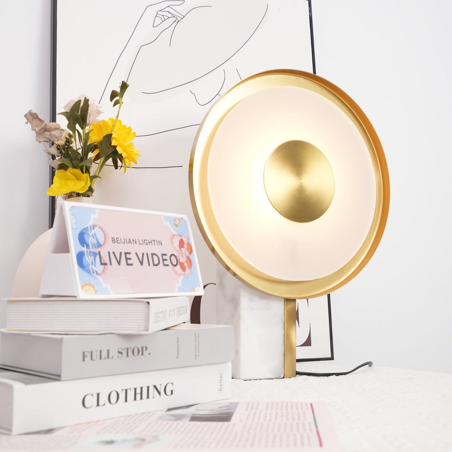 Roche Bobois Table Lamp | White Marble & Gold Finish | 33cm Diameter