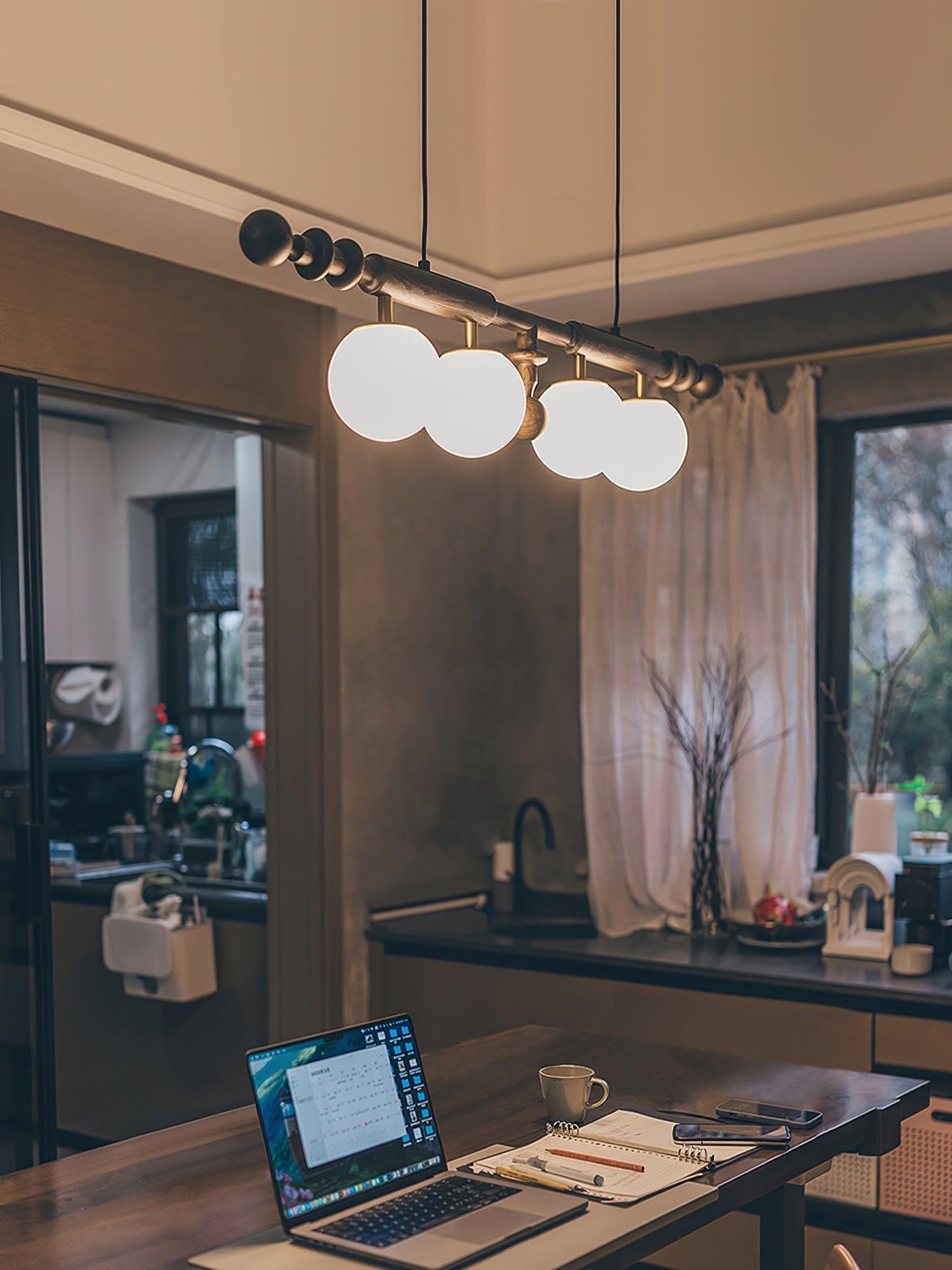 Roman Column Chandelier | Walnut & Glass | Retro Indoor Lighting