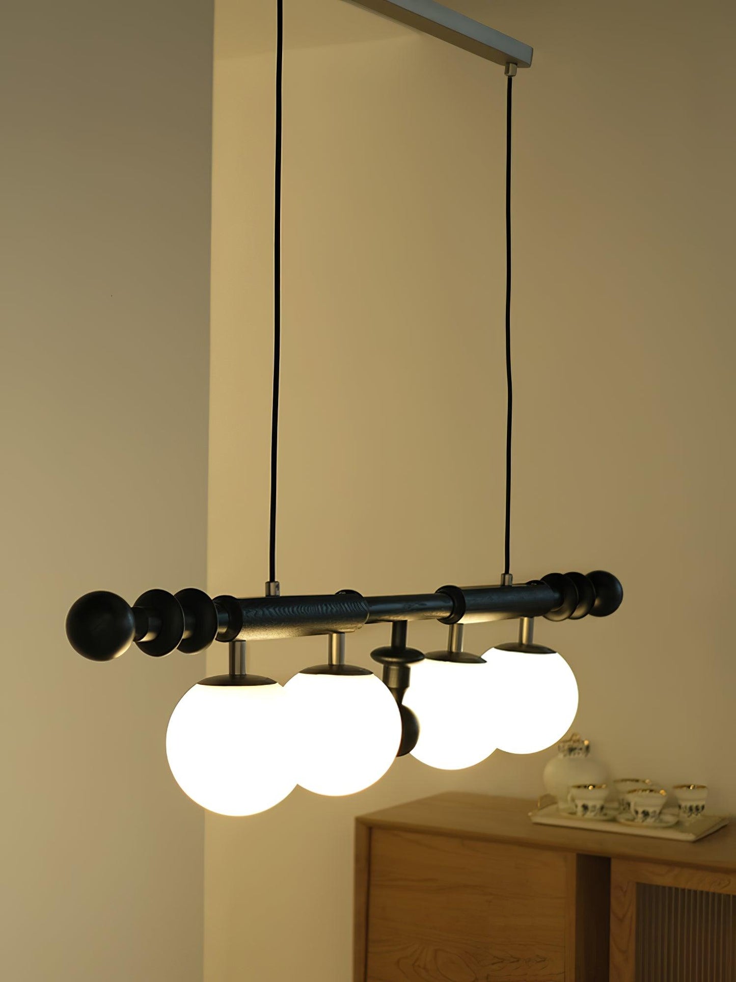 Roman Column Chandelier | Walnut & Glass | Retro Indoor Lighting