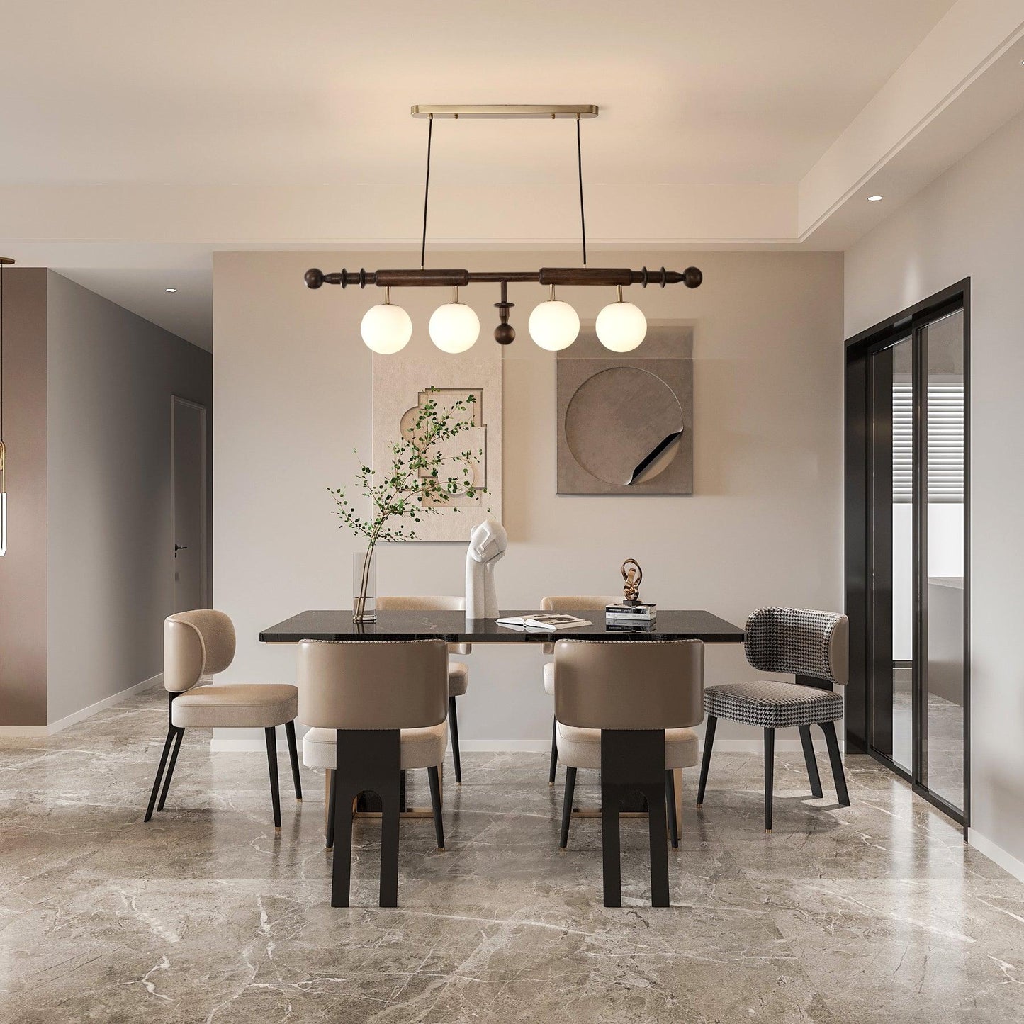 Roman Column Chandelier | Walnut & Glass | Retro Indoor Lighting