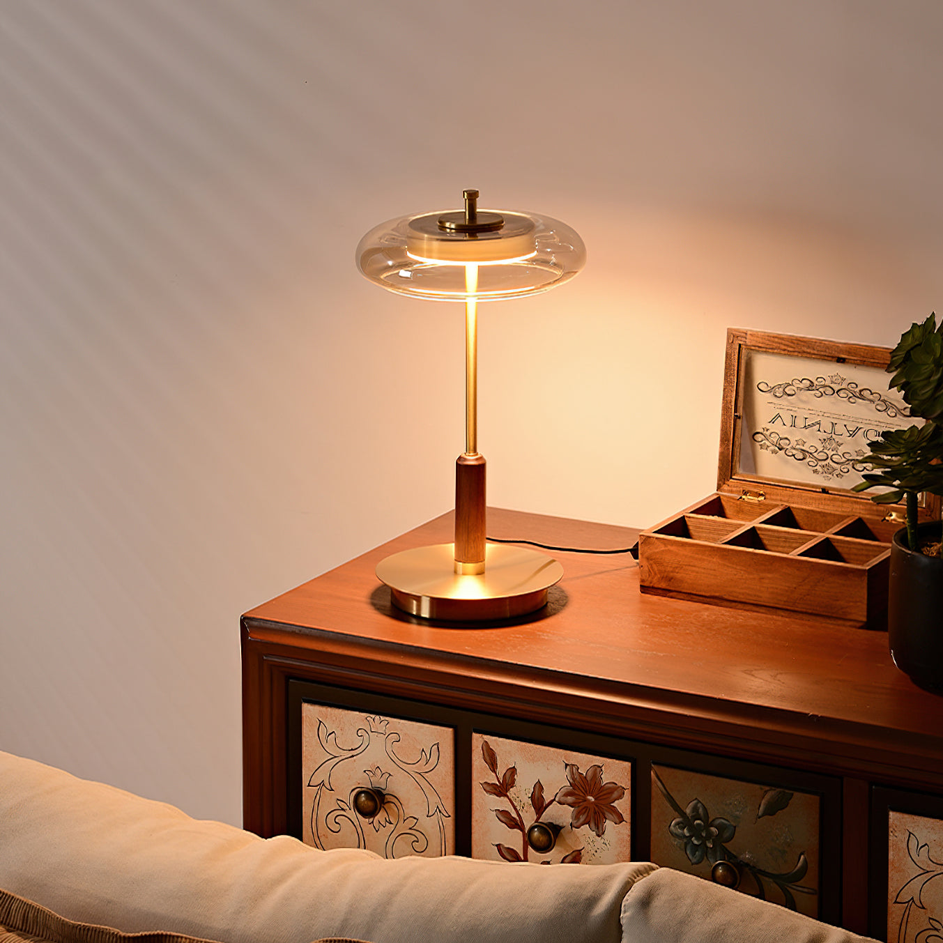 Ronaldo Table Lamp | Walnut Wood & Polished Brass | Clear Glass Shade