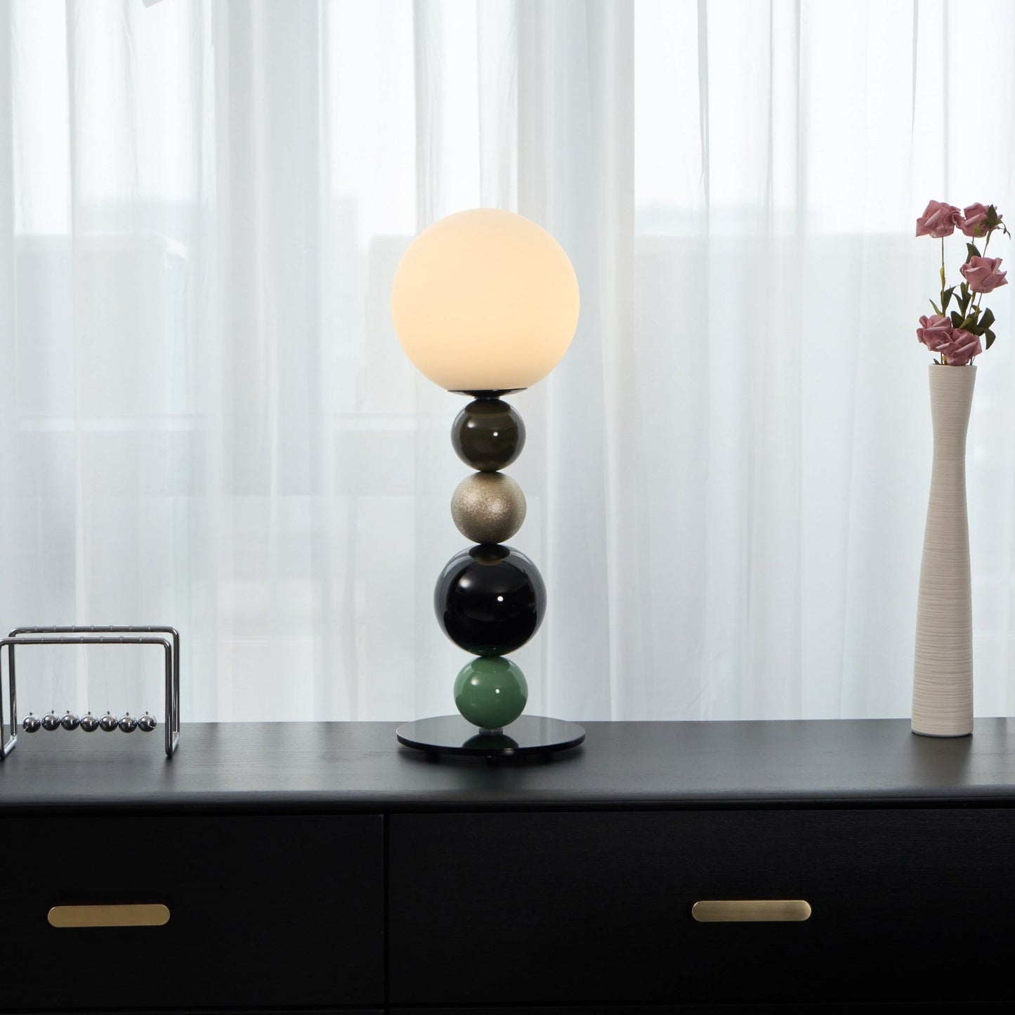 Round Balls Stacking Table Lamp | Metal & Glass | Green and Black