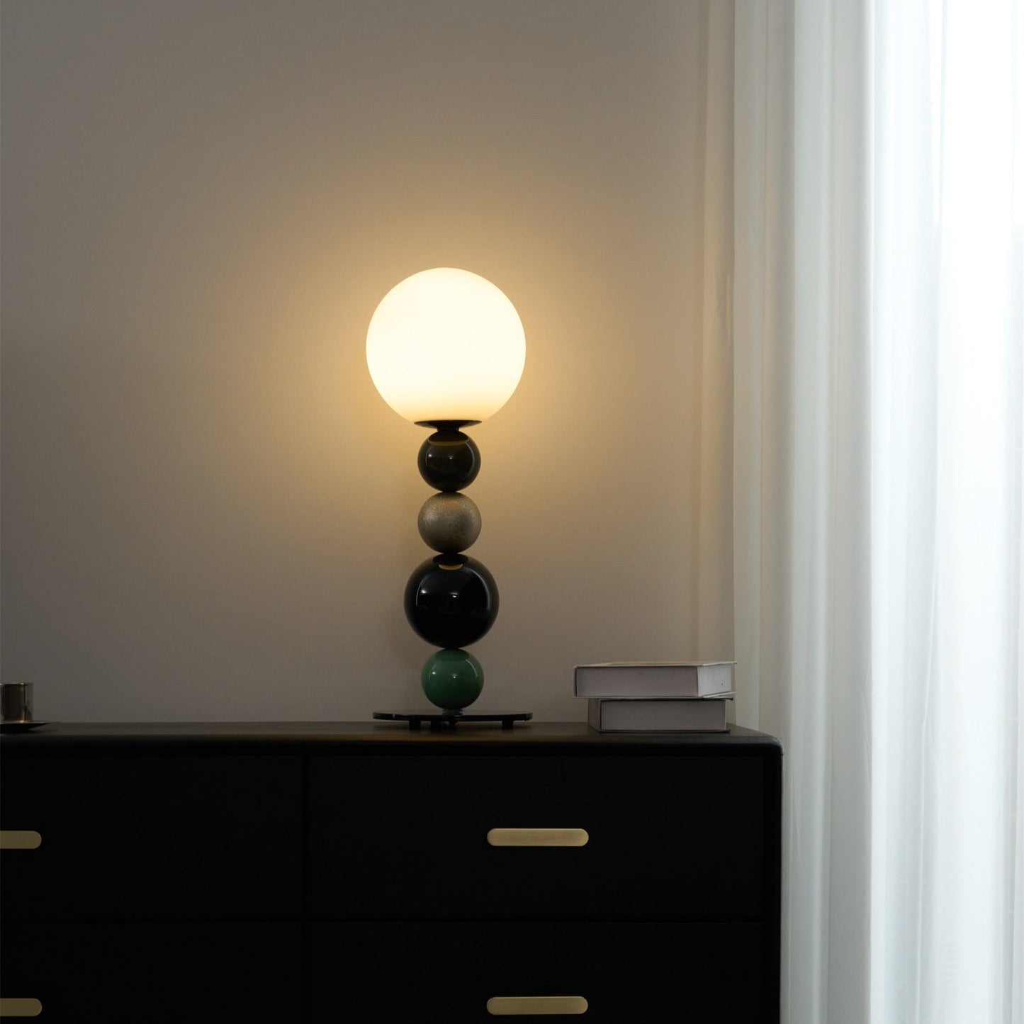 Round Balls Stacking Table Lamp | Metal & Glass | Green and Black