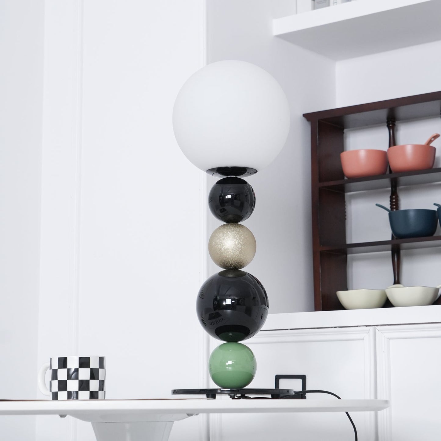Round Balls Stacking Table Lamp | Metal & Glass | Green and Black
