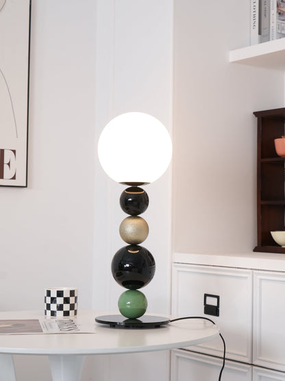 Round Balls Stacking Table Lamp | Metal & Glass | Green and Black