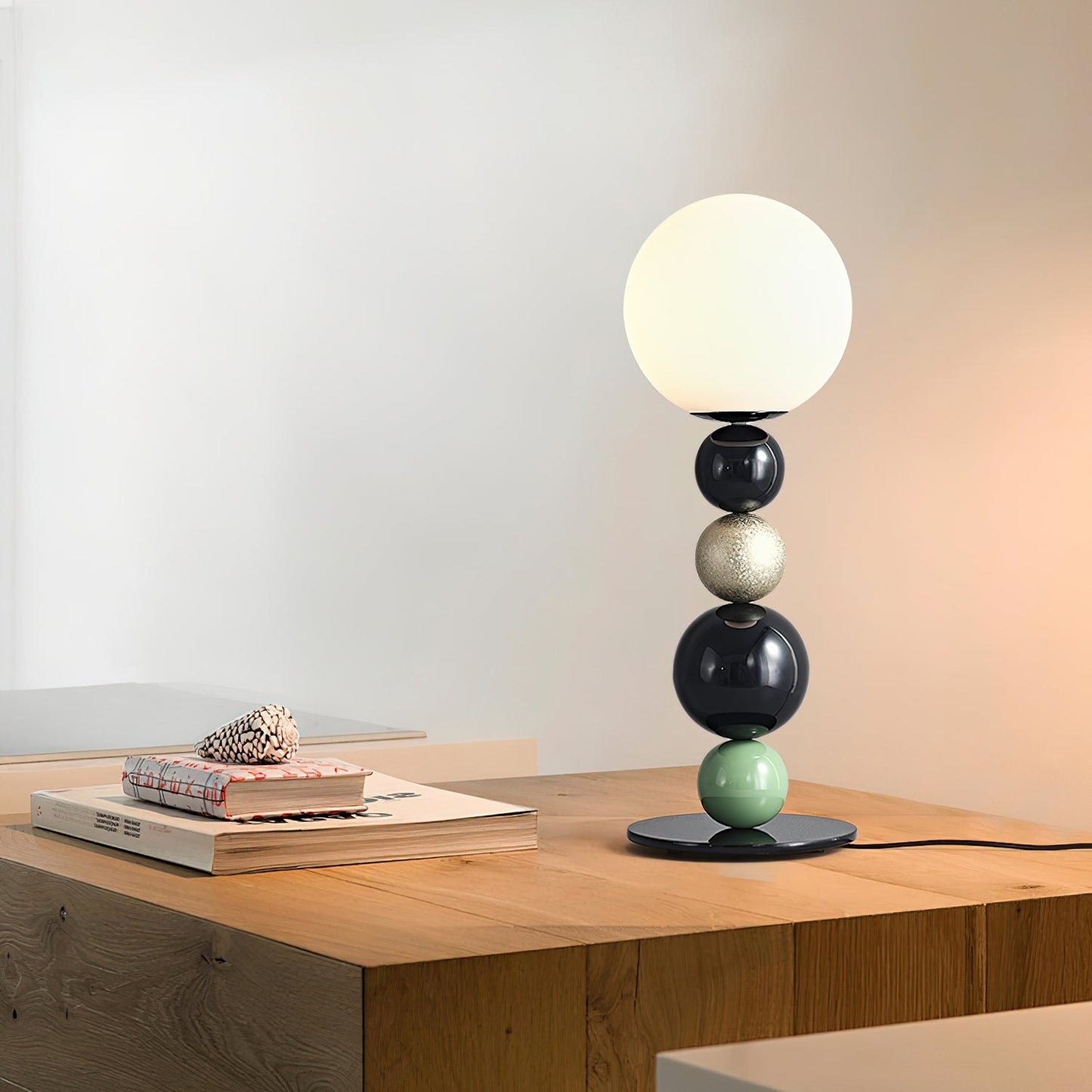 Round Balls Stacking Table Lamp | Metal & Glass | Green and Black