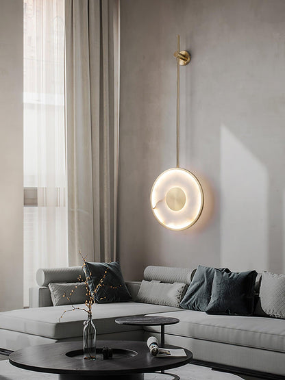 Round Wall Lamp | Hand-Carved Alabaster & Brass | Set of 2