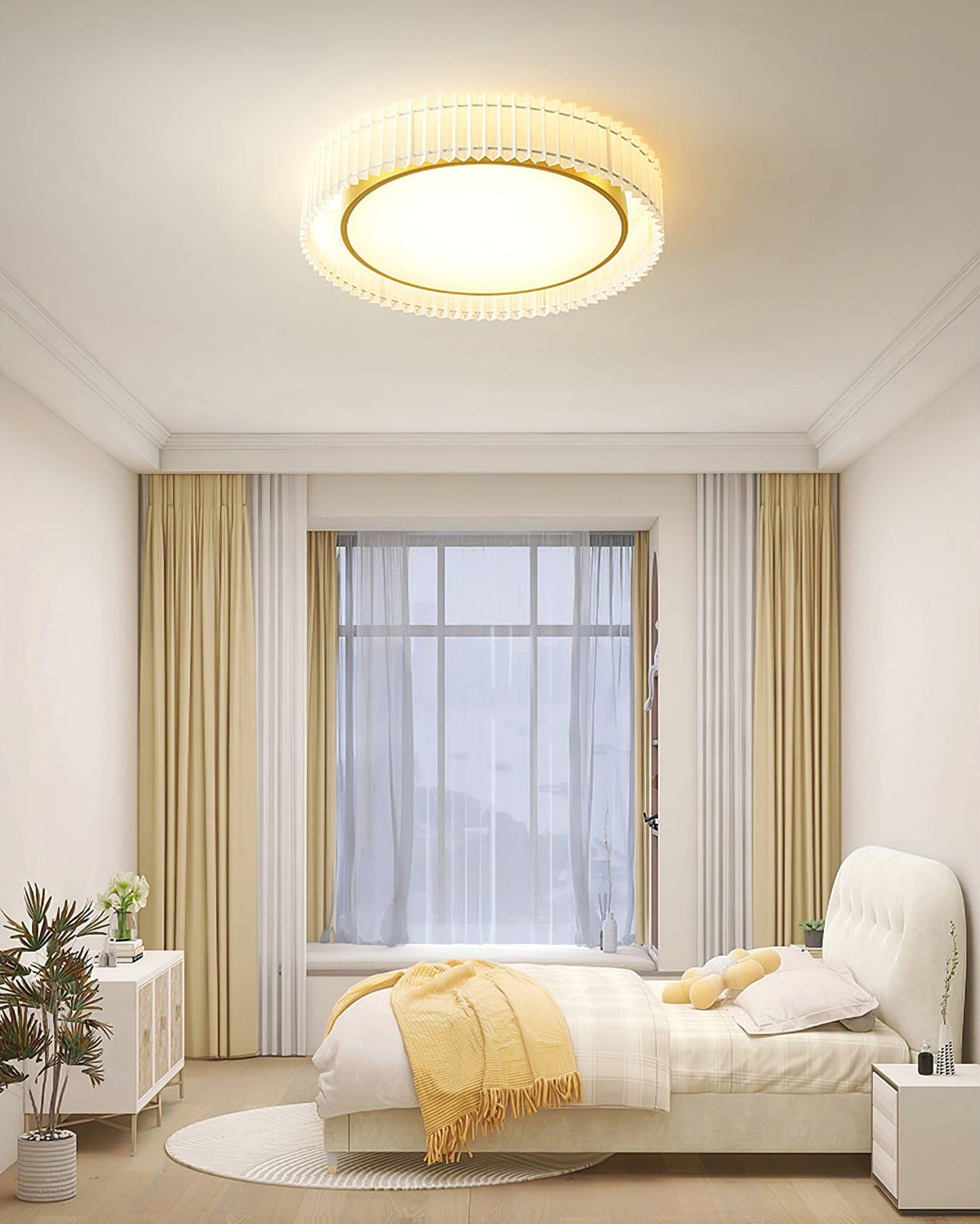 Round Pleated Ceiling Lamp | Fabric & Metal | Beige, Multiple Sizes