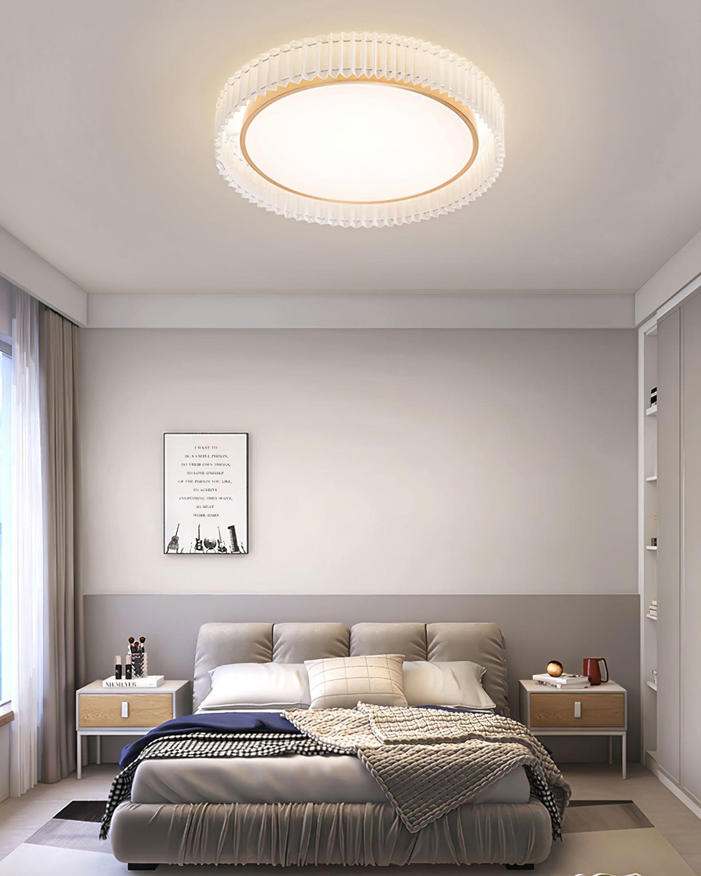 Round Pleated Ceiling Lamp | Fabric & Metal | Beige, Multiple Sizes