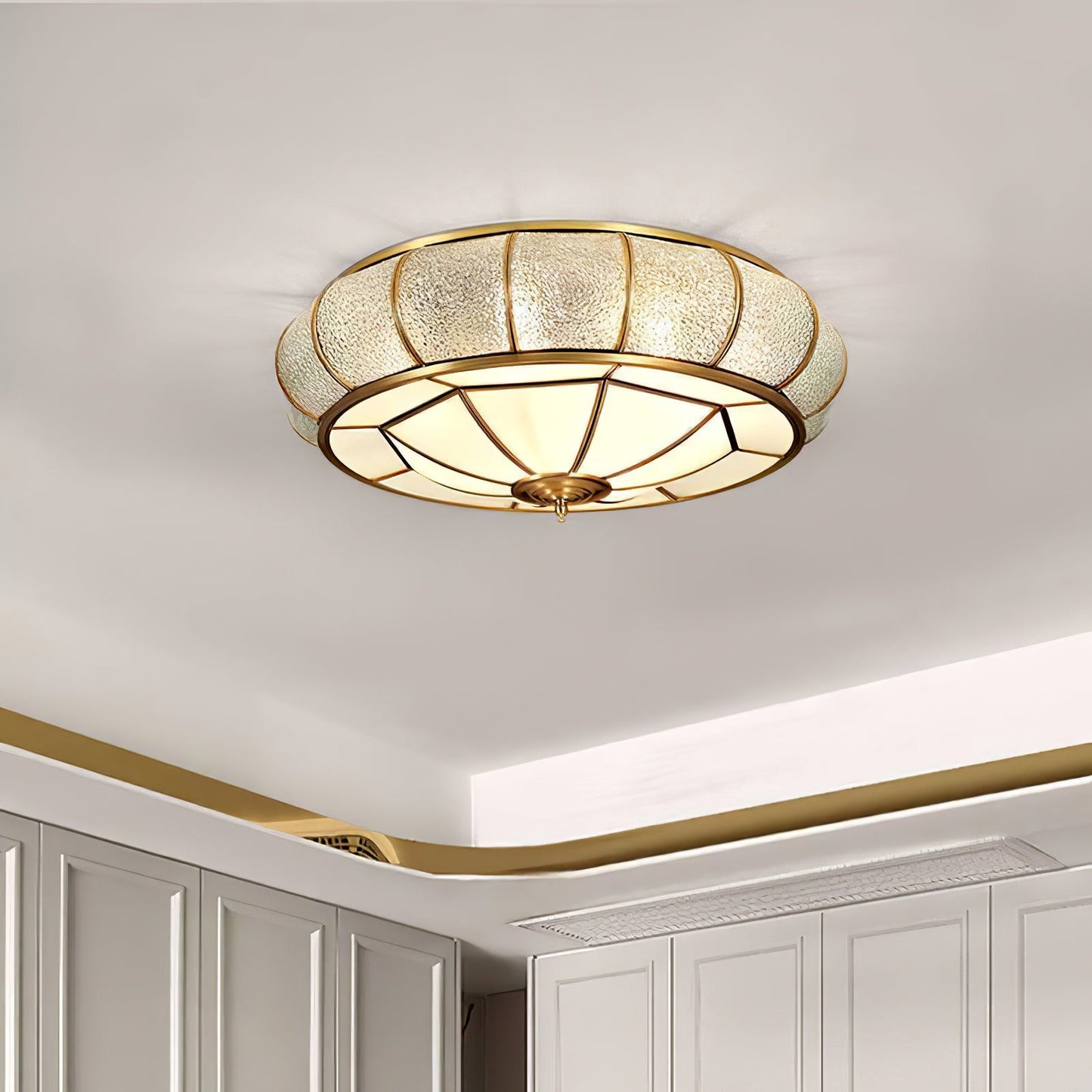 Round Textured Glass Ceiling Light | Brass & White Glass | Multiple Bulb Options