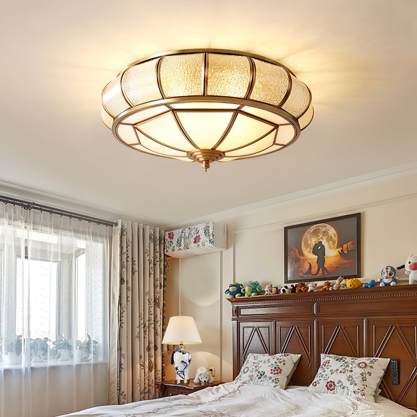 Round Textured Glass Ceiling Light | Brass & White Glass | Multiple Bulb Options