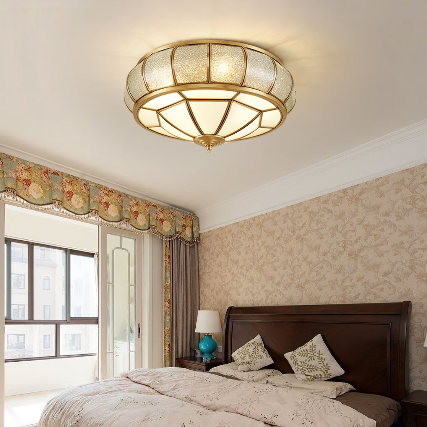 Round Textured Glass Ceiling Light | Brass & White Glass | Multiple Bulb Options