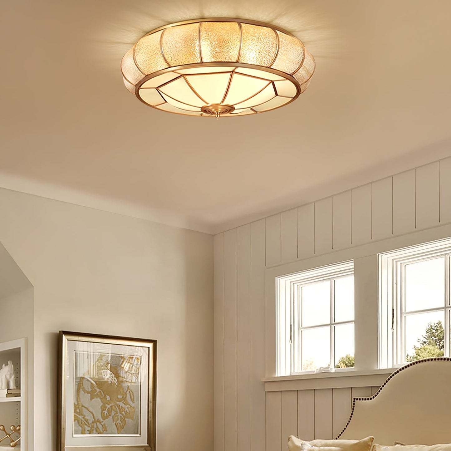 Round Textured Glass Ceiling Light | Brass & White Glass | Multiple Bulb Options