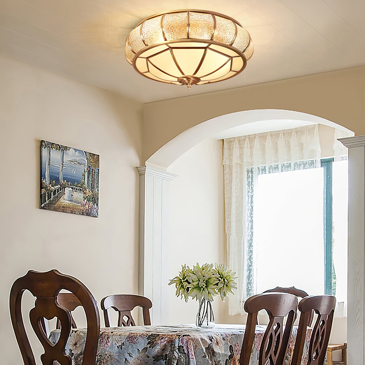 Round Textured Glass Ceiling Light | Brass & White Glass | Multiple Bulb Options