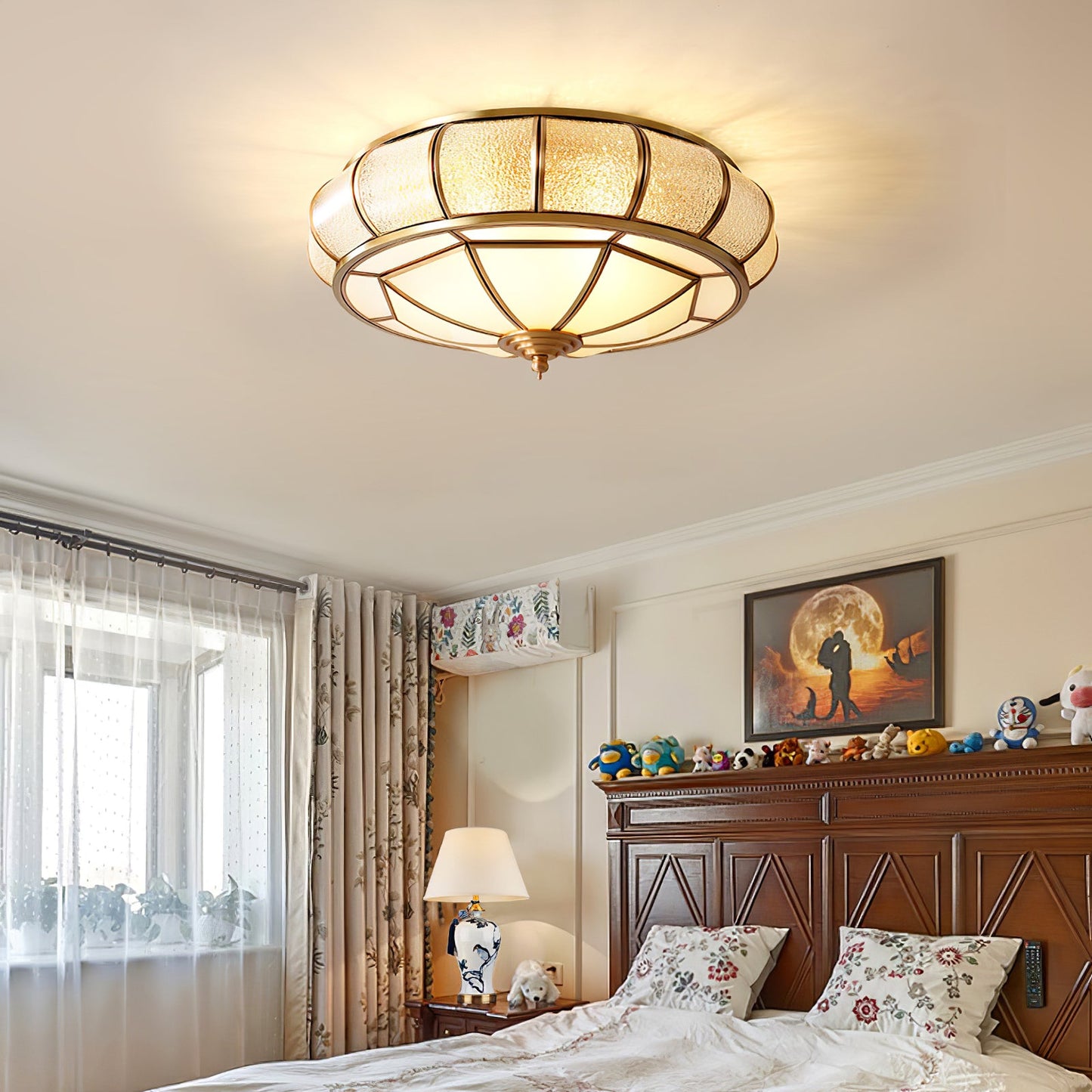 Round Textured Glass Ceiling Light | Brass & White Glass | Multiple Bulb Options