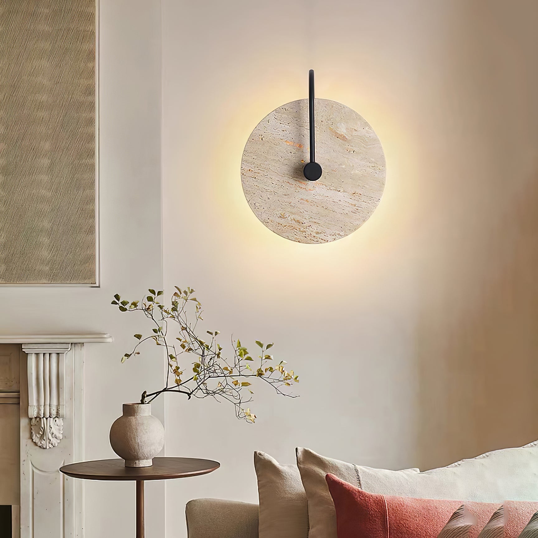 Round Wall Lamp | Travertine & Alabaster Stone | Yellow Finish