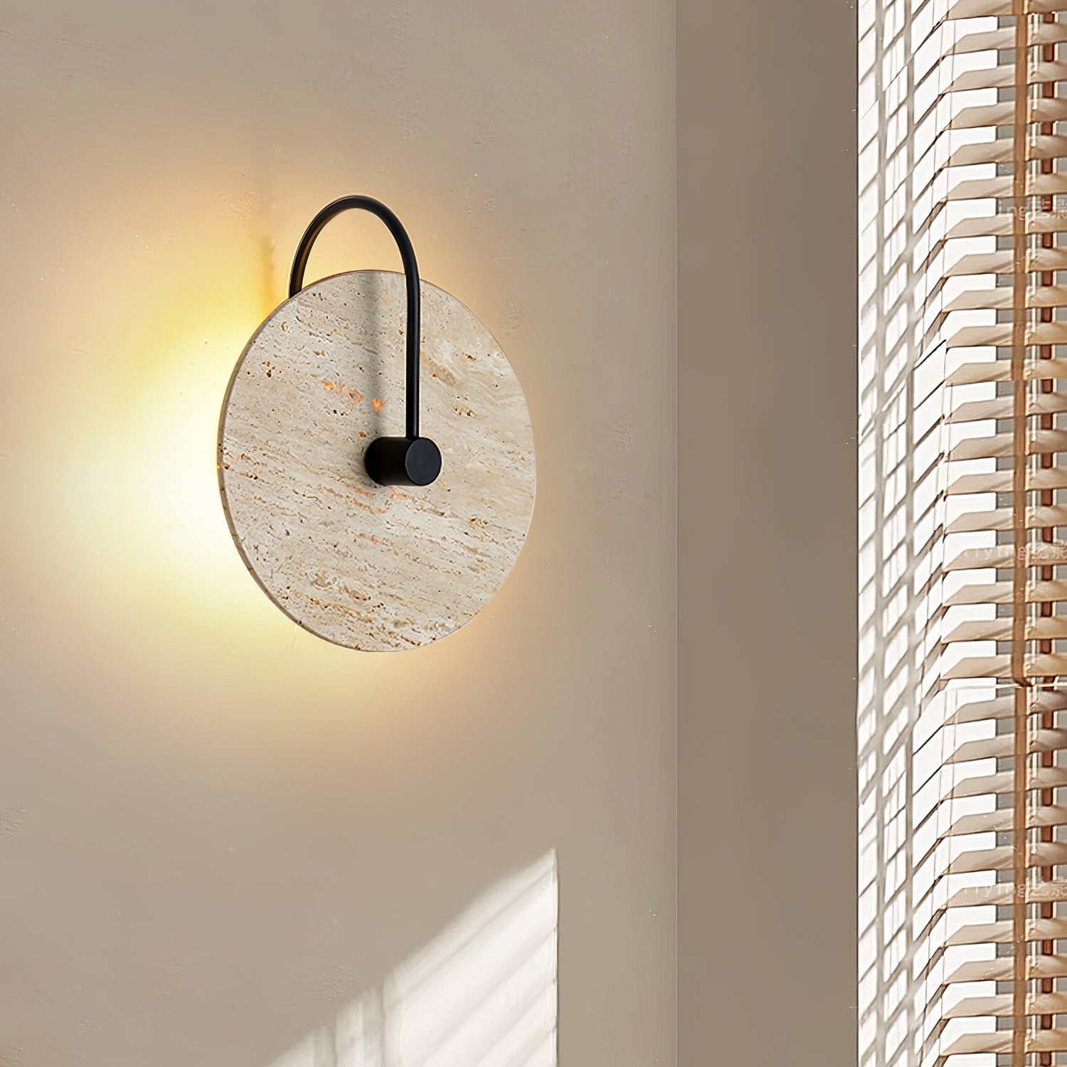 Round Wall Lamp | Travertine & Alabaster Stone | Yellow Finish