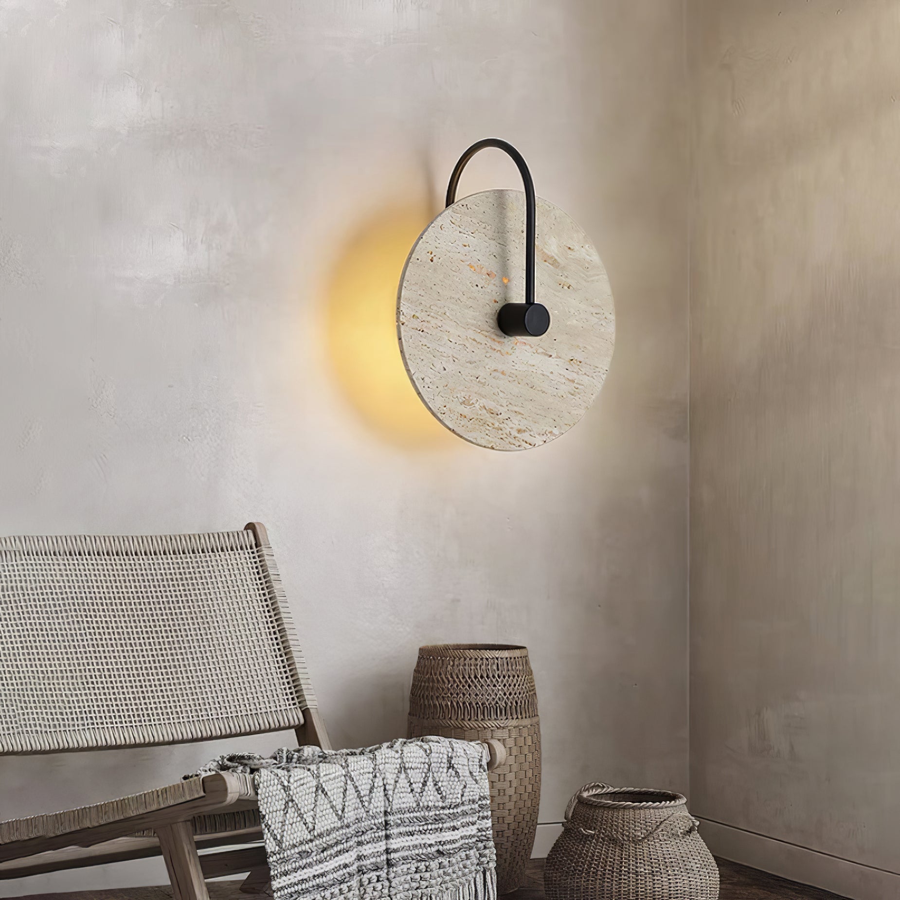 Round Wall Lamp | Travertine & Alabaster Stone | Yellow Finish