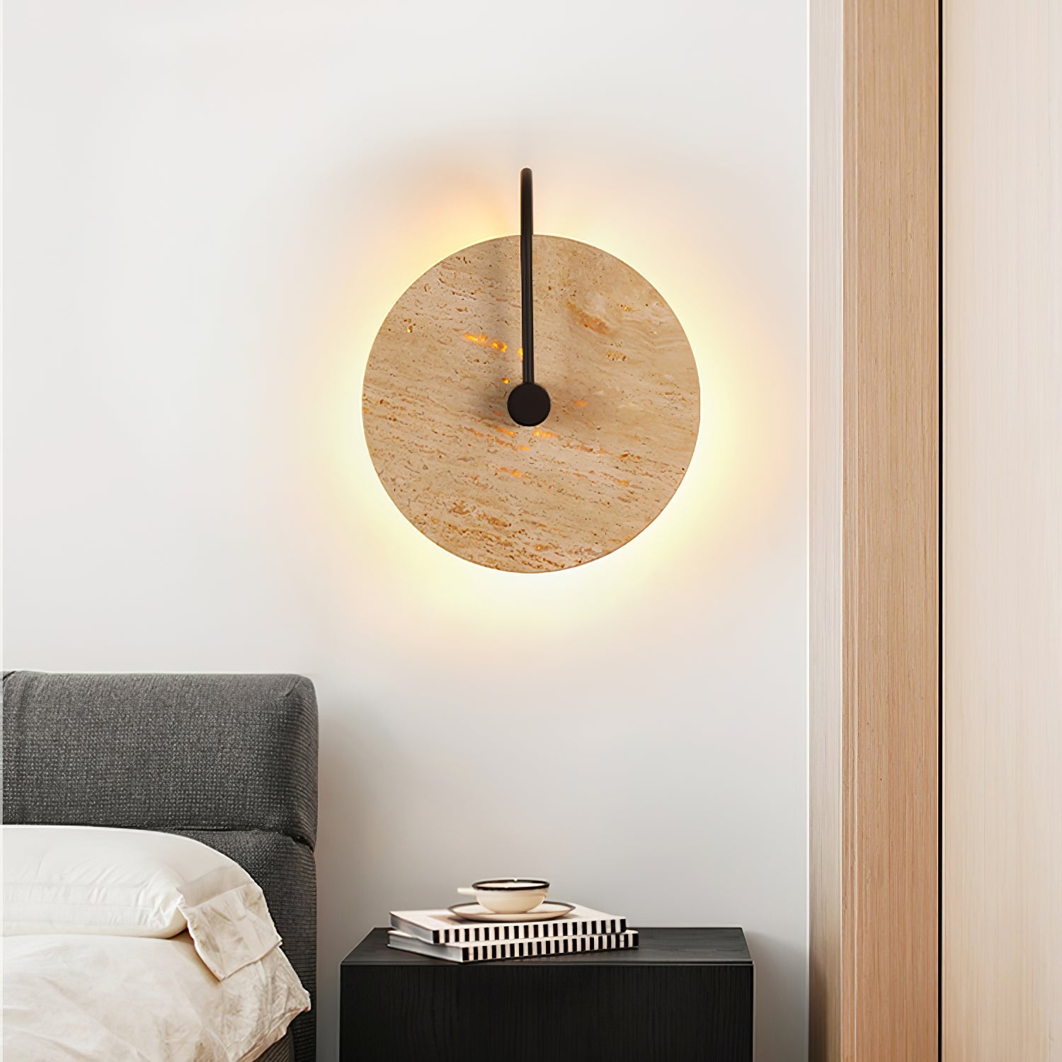Round Wall Lamp | Travertine & Alabaster Stone | Yellow Finish